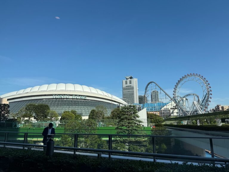 Tokyo Dome exterior with amusement rides and Tokyo skyline