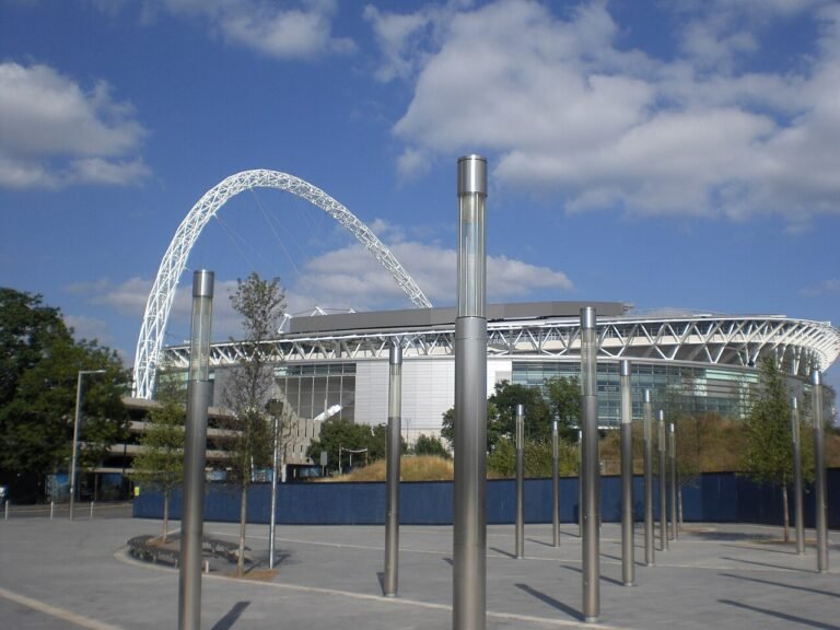 Wembley Stadium exterior in London for sports concerts and event advertising