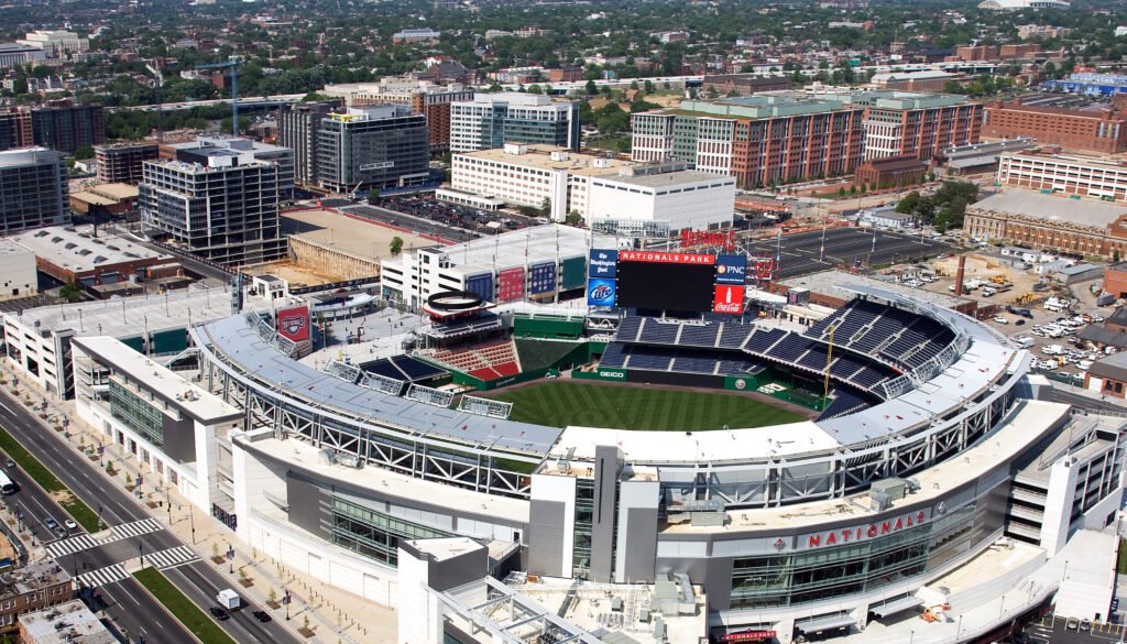 Aerial view of Nationals Park and Navy Yard for baseball giveaway game advertising ideas