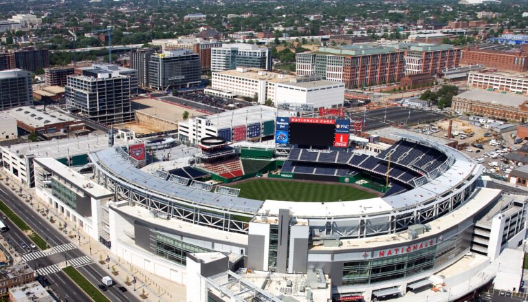 Aerial view of Nationals Park and Navy Yard for baseball giveaway game advertising ideas