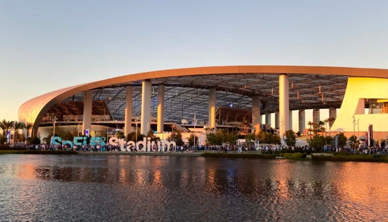 SoFi Stadium exterior in Inglewood for BTS event promotion and brand ambassador ideas